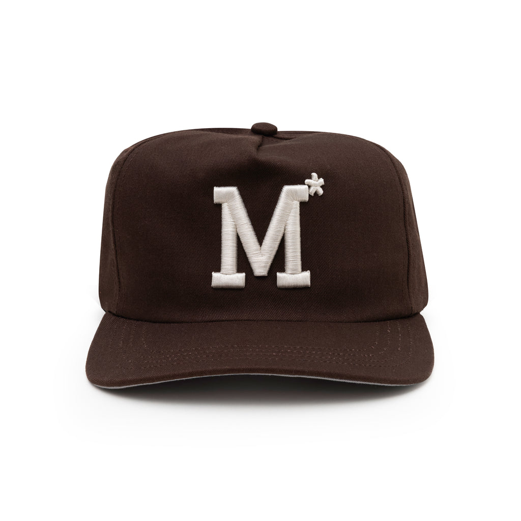 Brown cap with a white 'M' logo on a white background