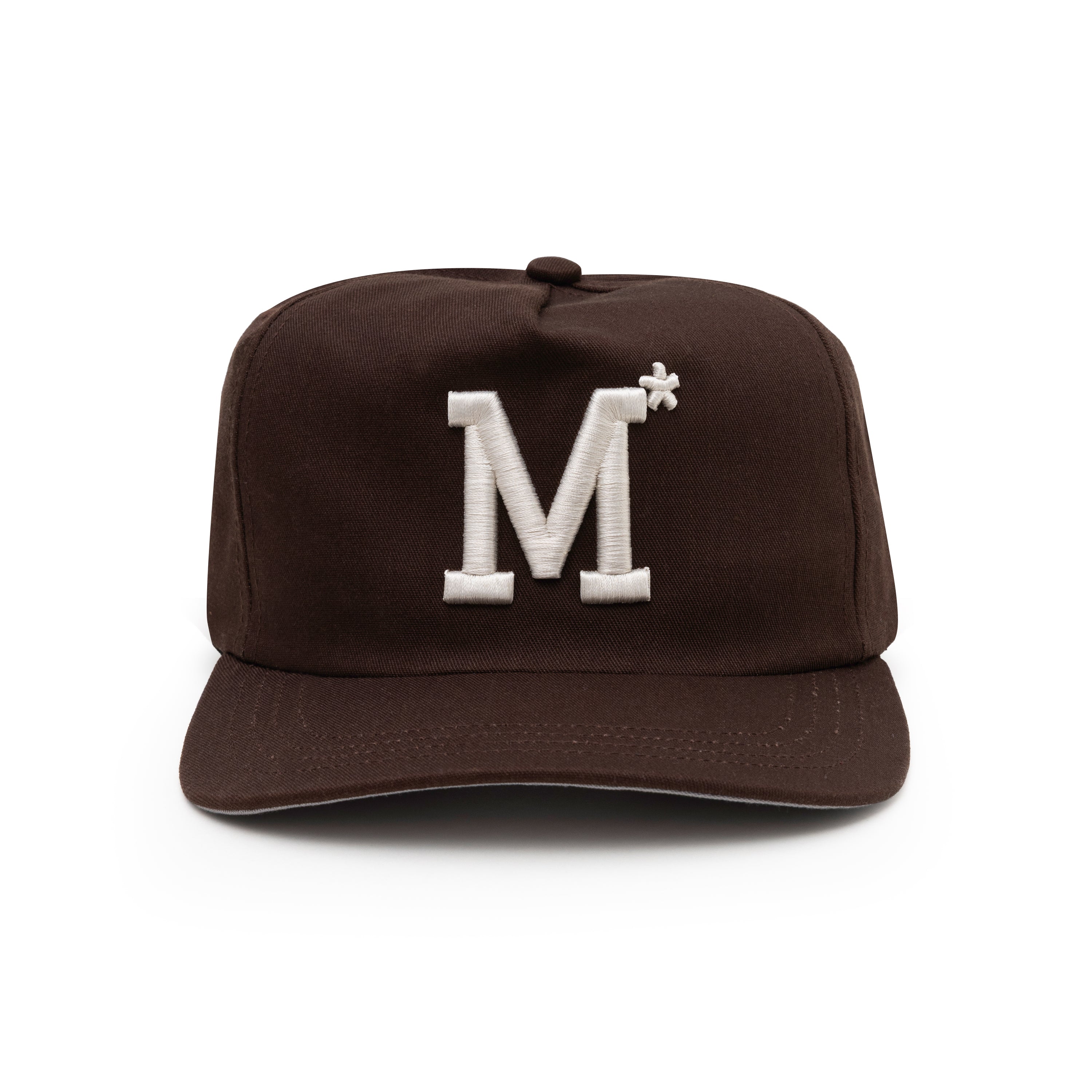 Brown cap with a white 'M' logo on a white background